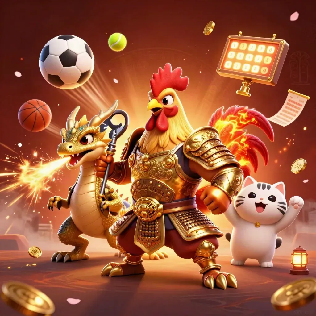 Rooster warrior, dragon hatchling, and fortune cat amid flying balls, coins, and casino glow.