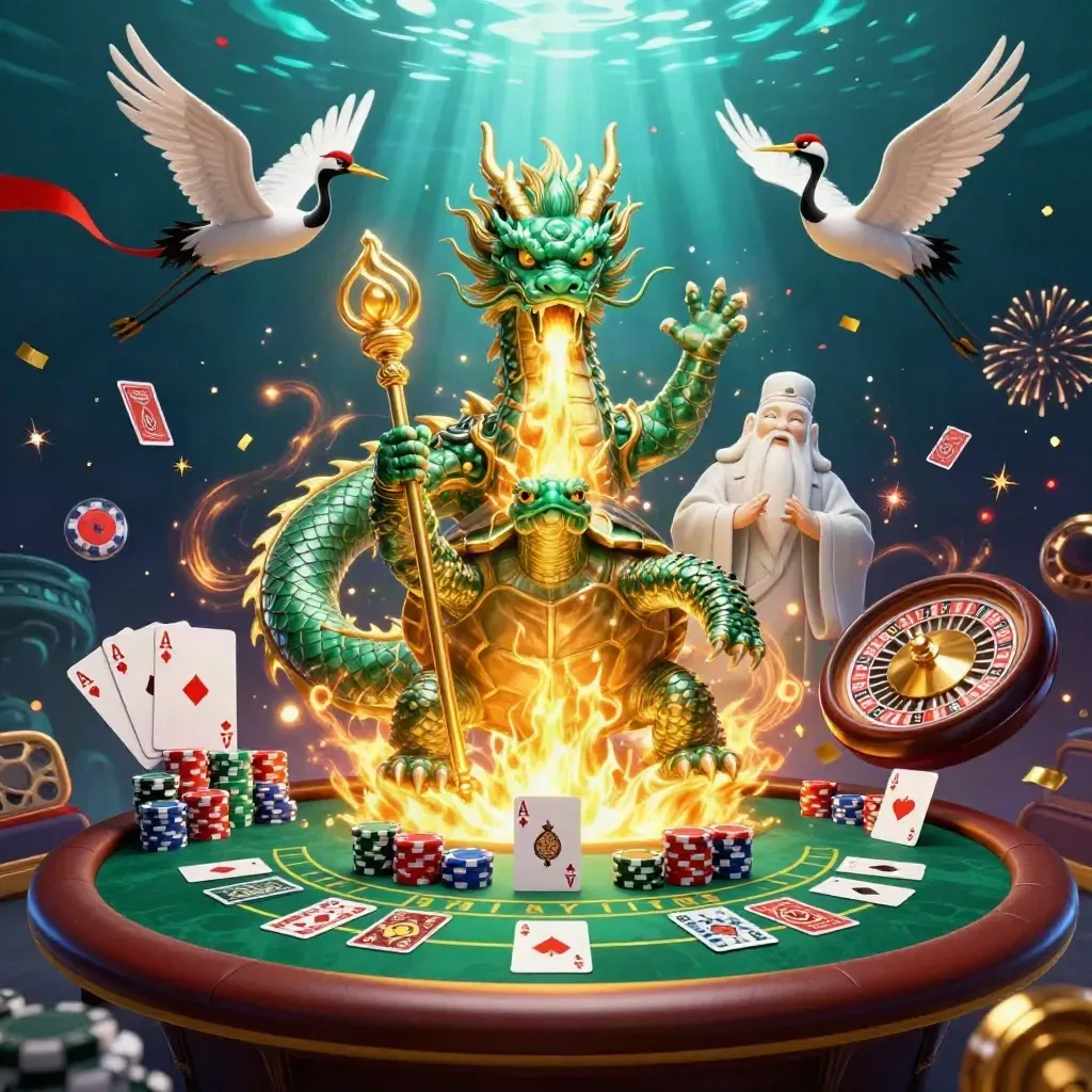 Jade dragon, turtle sage, and cranes amid casino magic, gold fire, chips, and neon light.