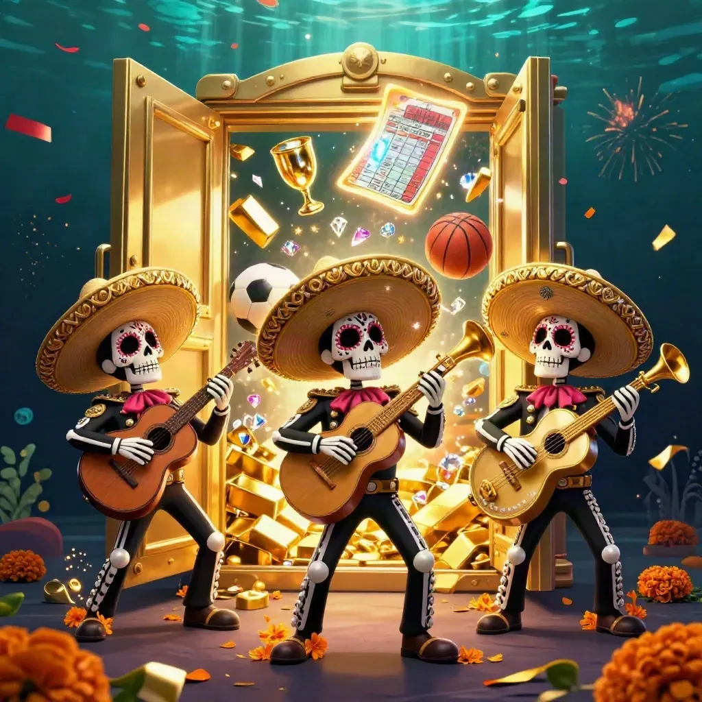 Day-of-the-Dead mariachi skeleton trio around a gold vault, with casino gems and teal underwater glow.
