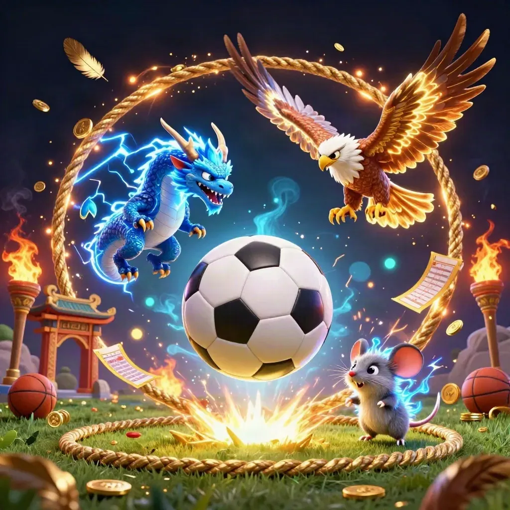 Fantasy sports-casino key art with dragon, hawk, mouse, soccer ball, gold sparks.