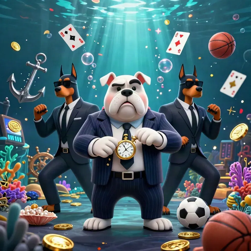 Bulldog mafia boss and Doberman bodyguards amid underwater casino treasure, coins, coral, and sports gear.