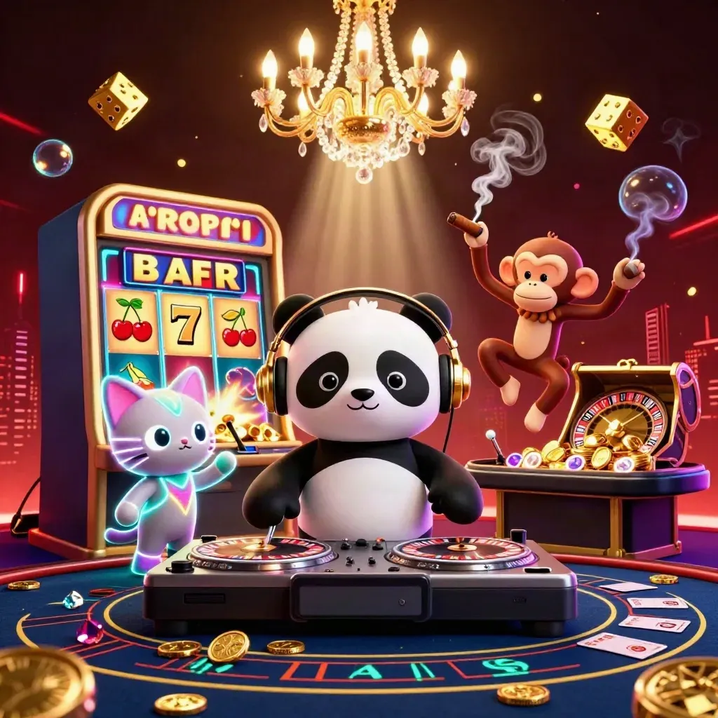 Cartoon panda DJ, dancing monkey, and glow-stick kitten amid casino bursts, gold, and neon light.