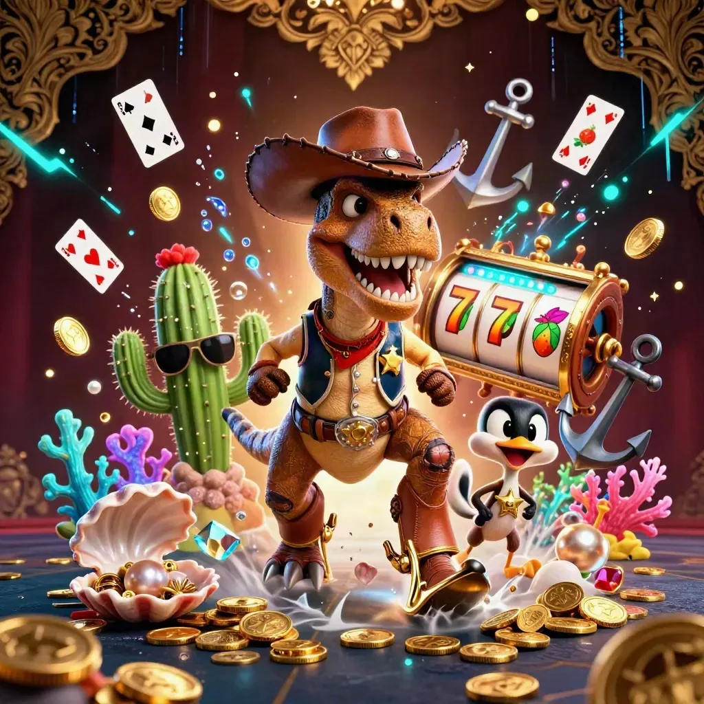Cowboy T-Rex, cactus sidekick, and roadrunner burst through treasure with neon casino magic.