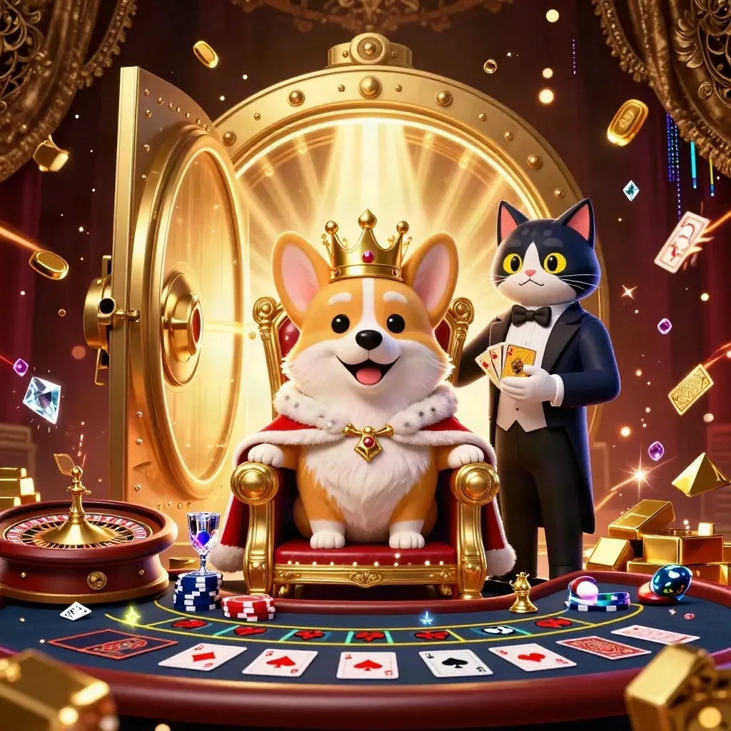 Royal corgi king and cat butler amid a gold vault, gems, and chandelier-lit casino luxury.