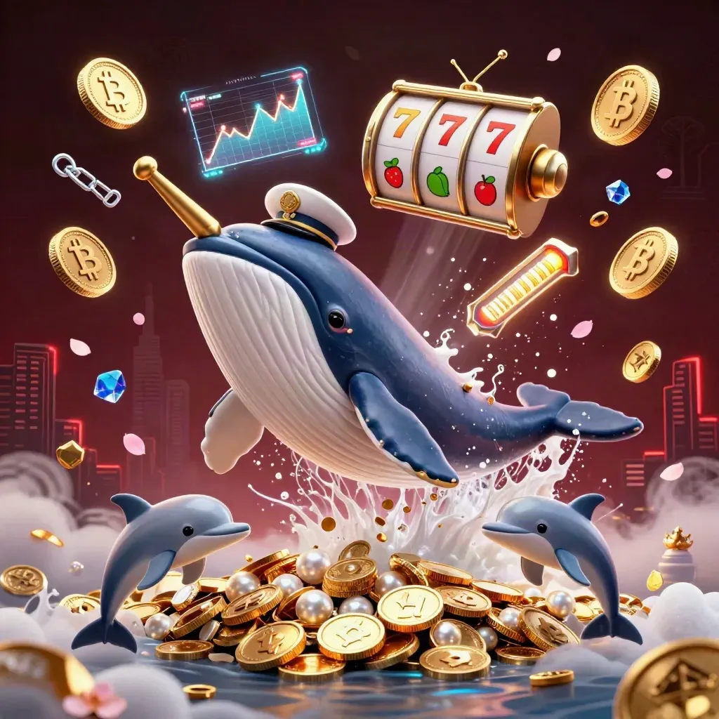 Whale captain, narwhal, and dolphins burst through coins with neon crypto effects