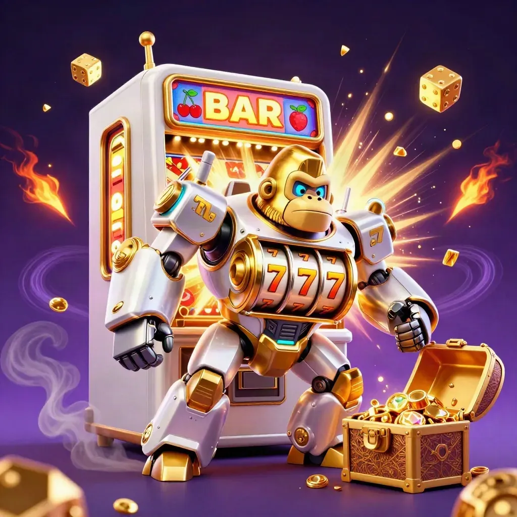 Golden gorilla mech with monkey pilot, exploding slot machine, gems, dice, and neon energy.