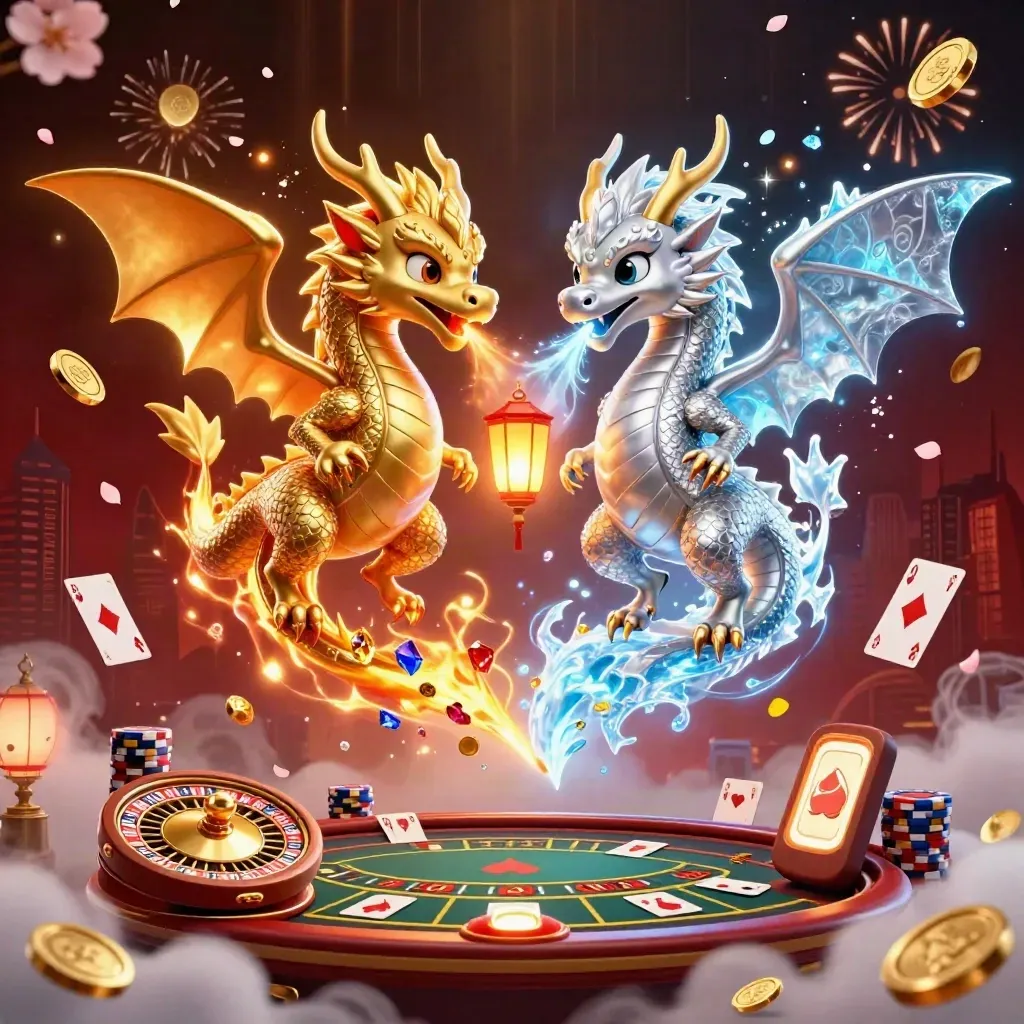 Golden and silver dragons swirl over coins, cards, chips, and a glowing roulette wheel.