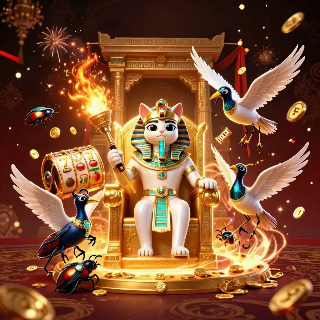 Pharaoh cat, ibis scribe and gem-winged scarabs amid casino treasure bursts and cyan magic.