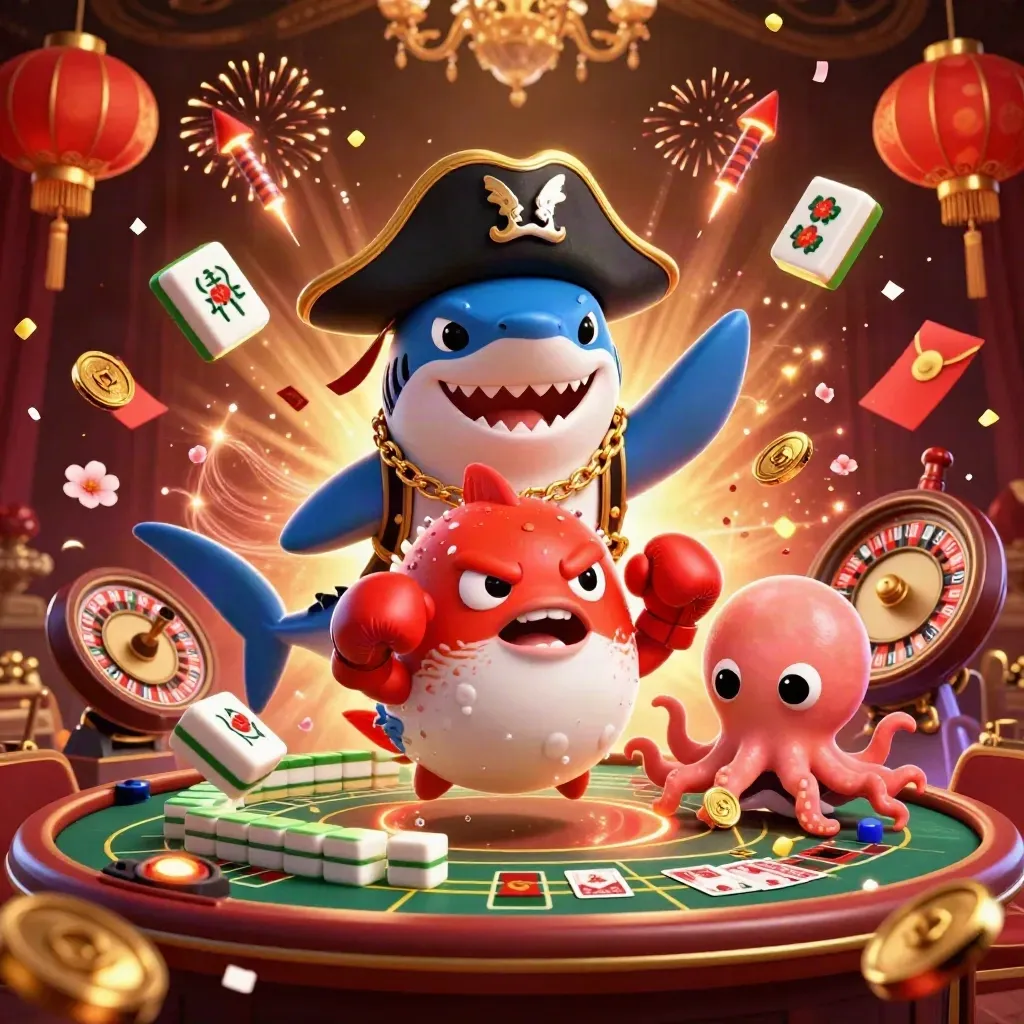 Pirate shark, boxing pufferfish, and juggling octopus amid coins, fireworks, and casino glow.