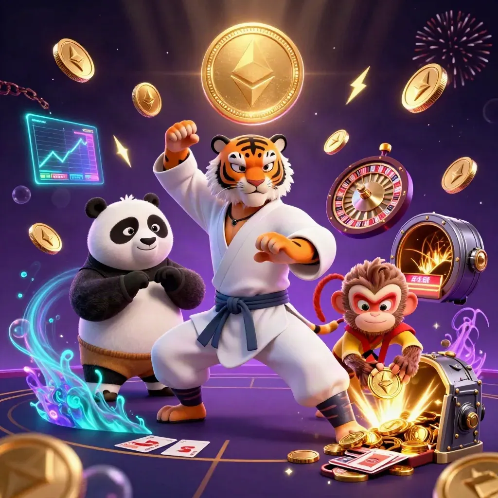 Tiger, panda, and monkey heroes amid casino coins, neon tech, and a spinning roulette wheel.