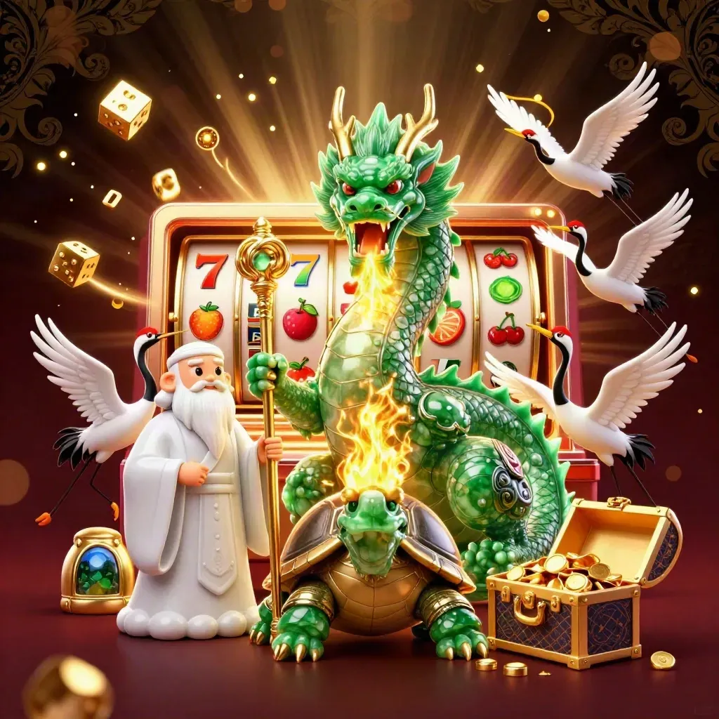 Emerald dragon, turtle sage, and cranes burst with gold in a luxe casino scene.