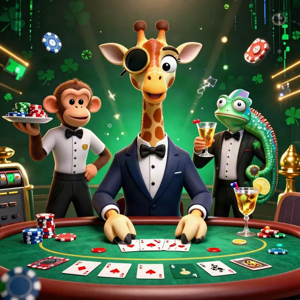 High-roller giraffe, monkey valet, and chameleon bartender amid chips, cards, and neon casino energy