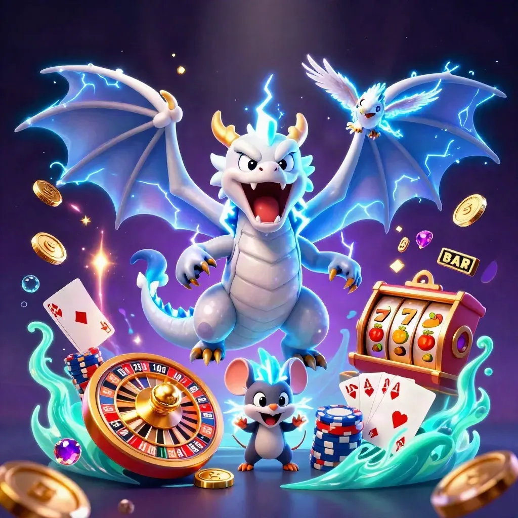 Thunder dragon, hawk and mouse amid coins, roulette wheel, chips and mint glow.