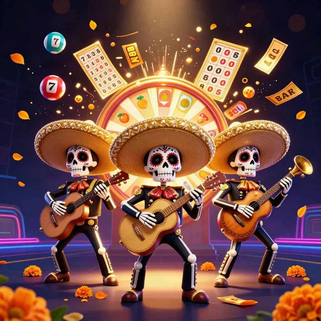 Three skeleton mariachi performers amid casino symbols, gold sparks, and neon darkness.