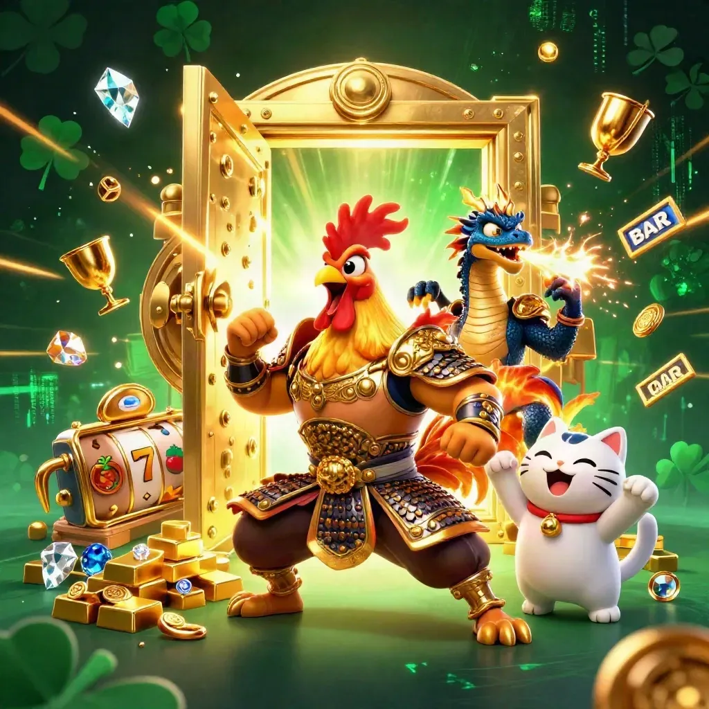 Rooster warrior, dragon hatchling and fortune-cat amid casino treasure and glowing vault