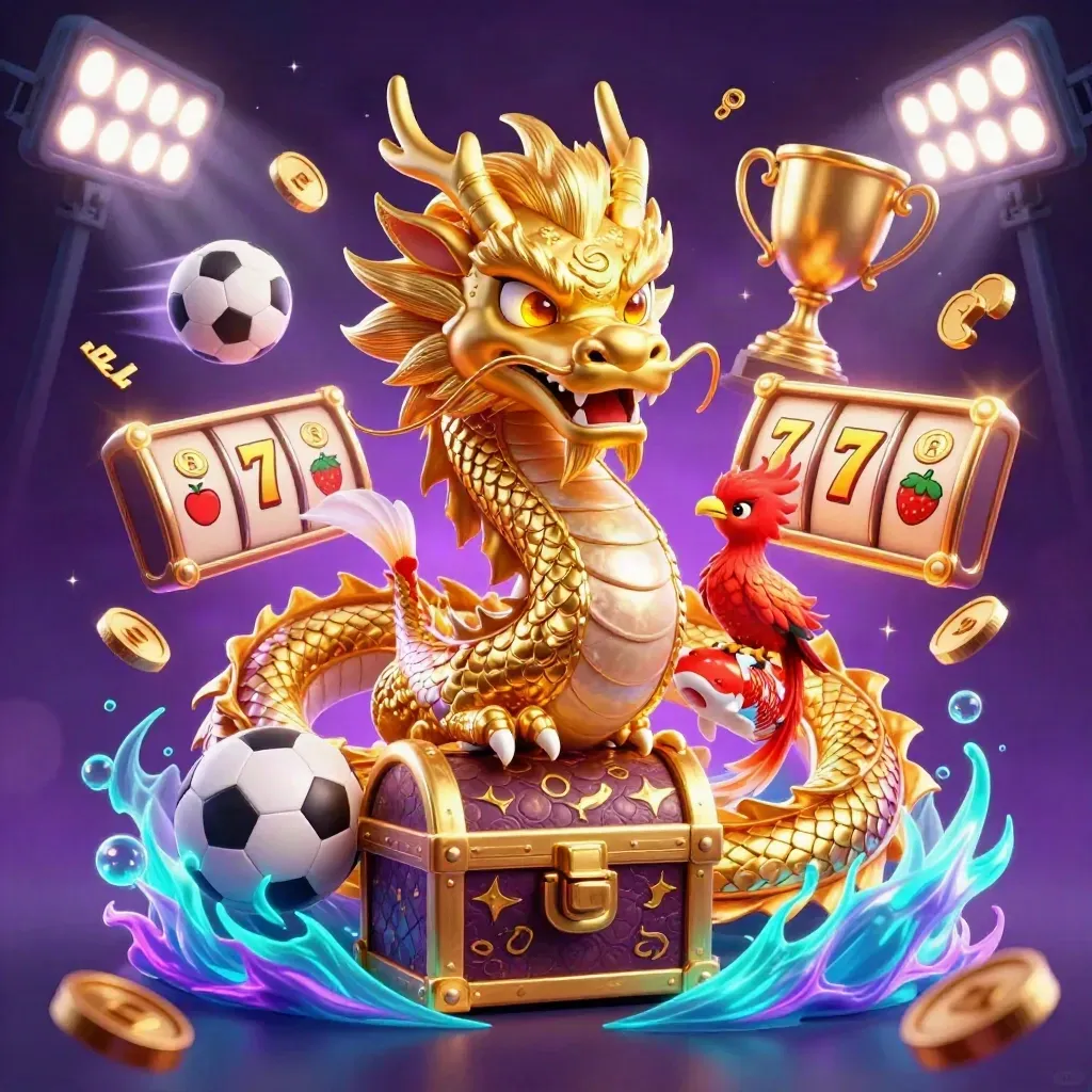 Golden dragon, phoenix and koi amid casino symbols on a dark purple-gold glow.