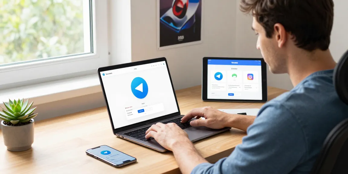 Dynamic scene of a person excitedly downloading Telegram app in a modern home office setting, symbolizing secure messaging.